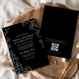 QR Code Modern Black & White Minimal Leaf Wedding  Invitation