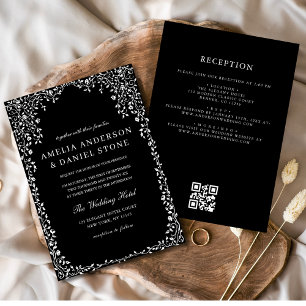 QR Code Modern Black & White Minimal Leaf Wedding Invitation
