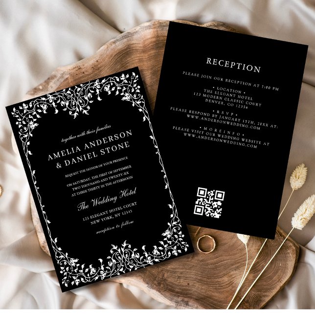 QR Code Modern Black & White Minimal Leaf Wedding  Invitation (Creator Uploaded)