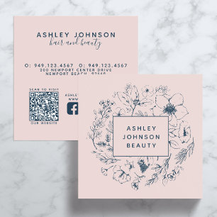 QR Code Modern Botanical Blush Pink Navy Blue Square Business Card