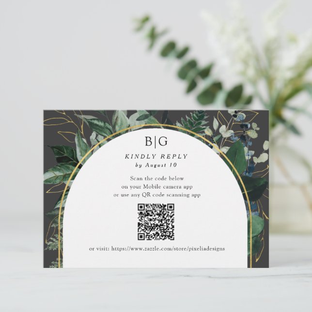 QR code Modern Botanical Greenery foliage wedding  RSVP Card (Standing Front)