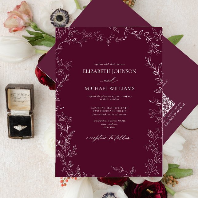 QR Code Modern Burgundy Minimal Leaf Wedding Invitation (Creator Uploaded)