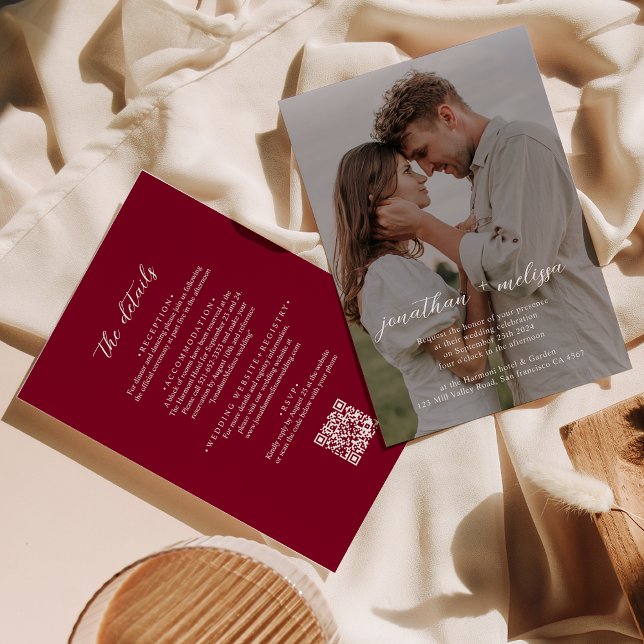 QR Code Modern Burgundy Photo Calligraphy Wedding Invitation (Creator Uploaded)