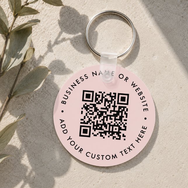 QR Code | Modern Business Blush Pink Round Keychain (Interactive editable QR code keychains to promote your business, products or services.)