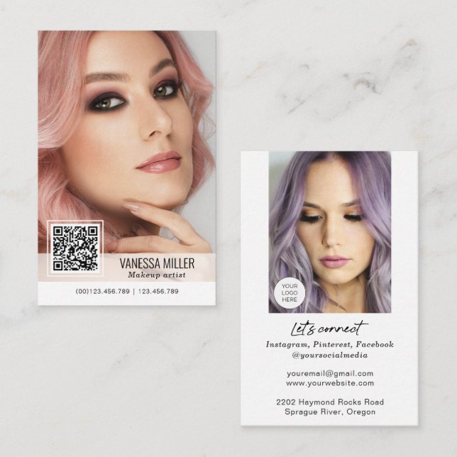QR Code modern business cards for makeup artist  (Front/Back)
