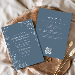 QR Code Modern Dusty Blue Minimal Leaf Wedding Invitation