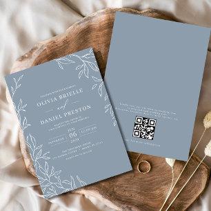 QR Code Modern Dusty Blue Minimal Leaf Wedding  Invitation