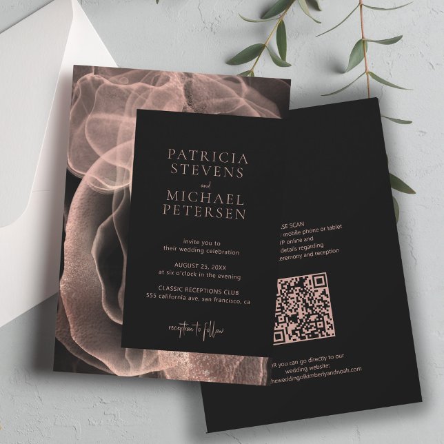 QR code modern elegant rose gold black Invitation (Creator Uploaded)