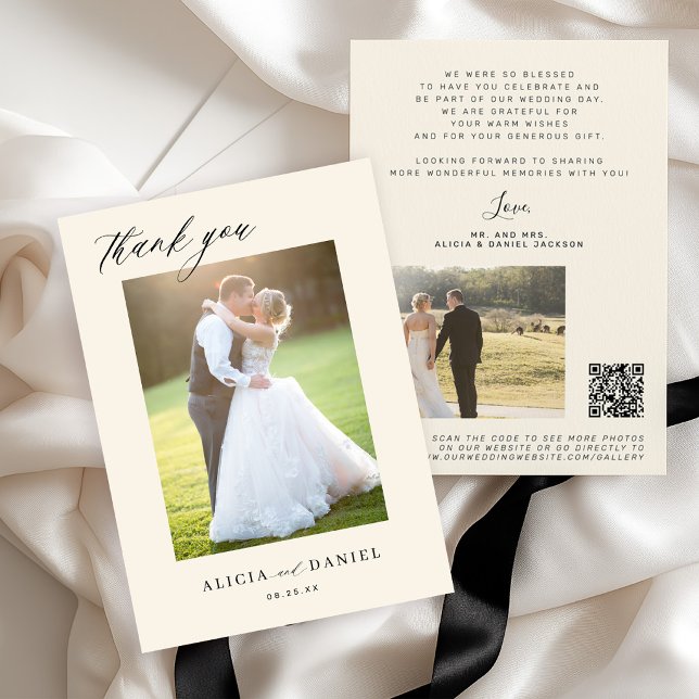 QR CODE modern elegant script photo ivory wedding Thank You Card (Creator Uploaded)