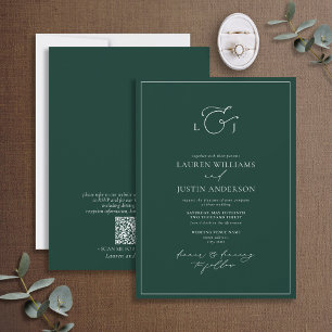 QR Code Modern Emerald Green Calligraphy Monogram  Invitation