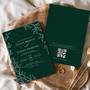 QR Code Modern Emerald Green Minimal Leaf Wedding Invitation
