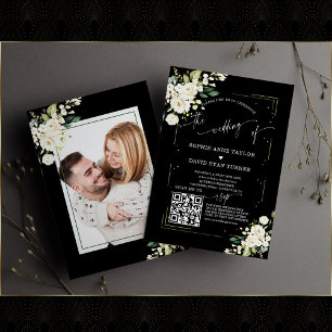 QR Code Modern Floral Photo Calligraphy Wedding  Invitation