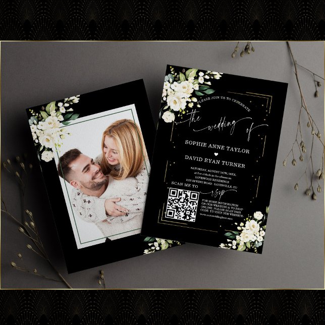 QR Code Modern Floral Photo Calligraphy Wedding  Invitation (Creator Uploaded)