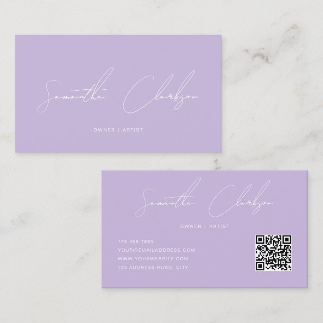 QR Code Modern Full Soft Purple Handwritten Script Business Card (Front/Back)