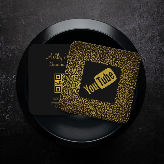 QR Code modern golden dots youtouber Square Business Card (Black square business card - QR Code, gold glitter design for youtouber)