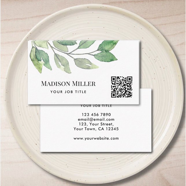QR Code Modern Greenery  Business Card (Creator Uploaded)