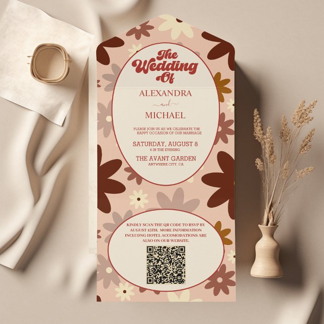 QR Code Modern Groovy Retro 70s Floral Wedding All In One Invitation (Creator Uploaded)