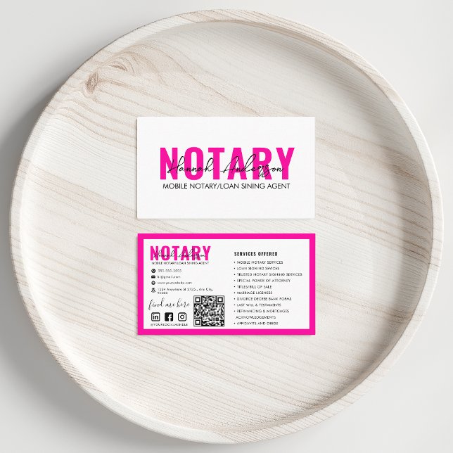 QR Code | Modern Hot Pink Mobile Notary Public Business Card (Creator Uploaded)