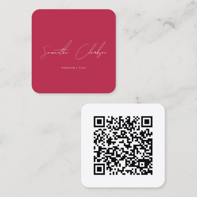 QR Code Modern Hot Pink & White Handwritten Script Square Business Card (Front/Back)