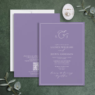 QR Code Modern Lavender Calligraphy Monogram Invit Invitation