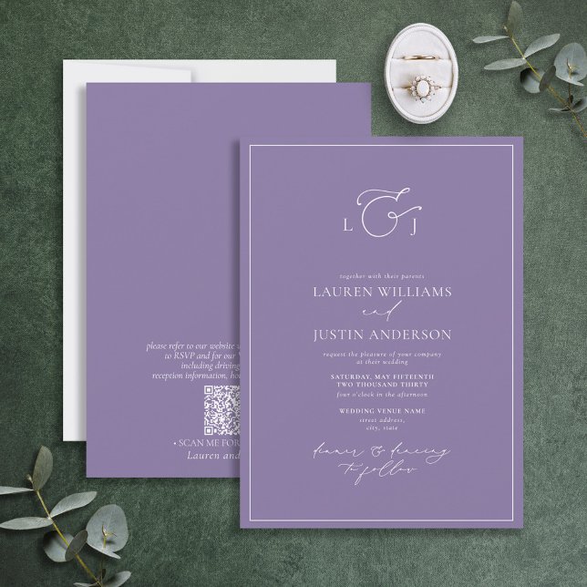 QR Code Modern Lavender Calligraphy Monogram Invit Invitation (Creator Uploaded)