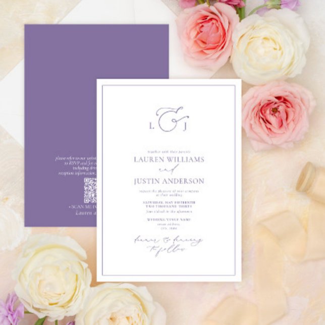 QR Code Modern Lavender Calligraphy Monogram Invitation (Creator Uploaded)