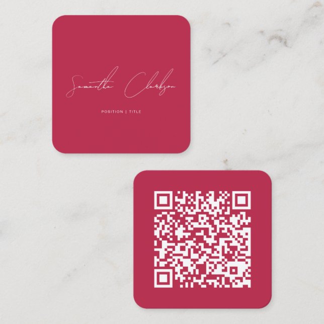 QR Code Modern Magenta Hot Pink Handwritten Script Square Business Card (Front/Back)