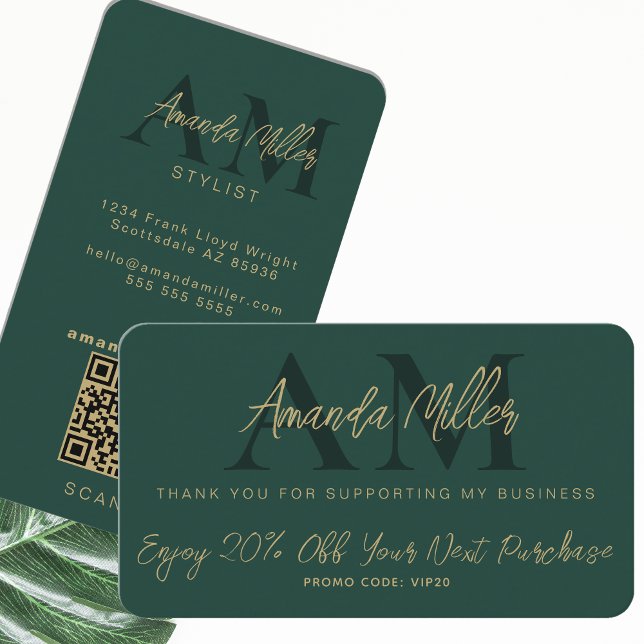 QR Code Modern Minimalist Monogram Black and Gold Discount Card (Creator Uploaded)