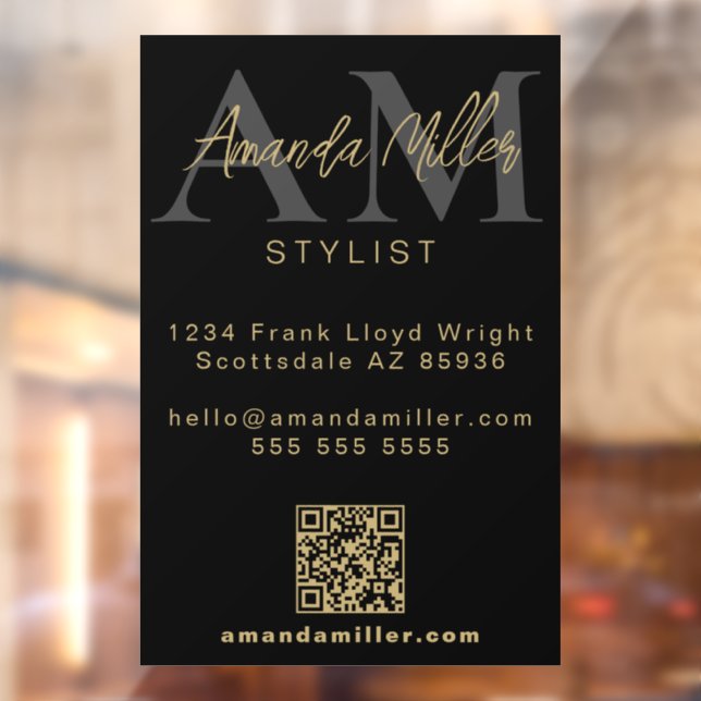 QR Code Modern Minimalist Monogram Black and Gold Window Cling (Sheet 2)