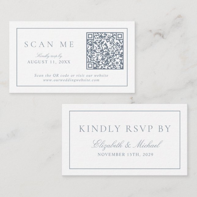 QR Code Modern Minimalist Monogram Dusty Blue RSVP Enclosure Card (Front/Back)