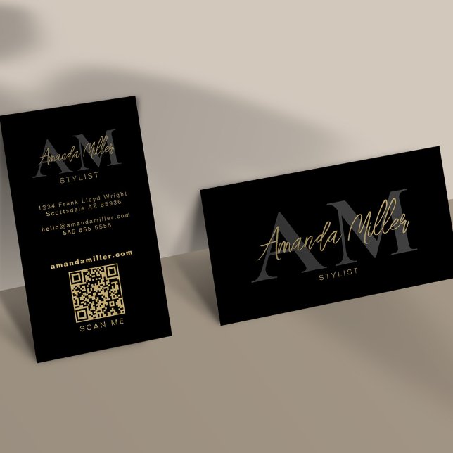 QR Code Modern Minimalist Monogram Vertical Black Business Card (Creator Uploaded)