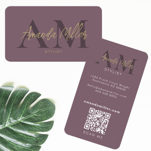 QR Code Modern Minimalist Monogram Vertical Purple Business Card