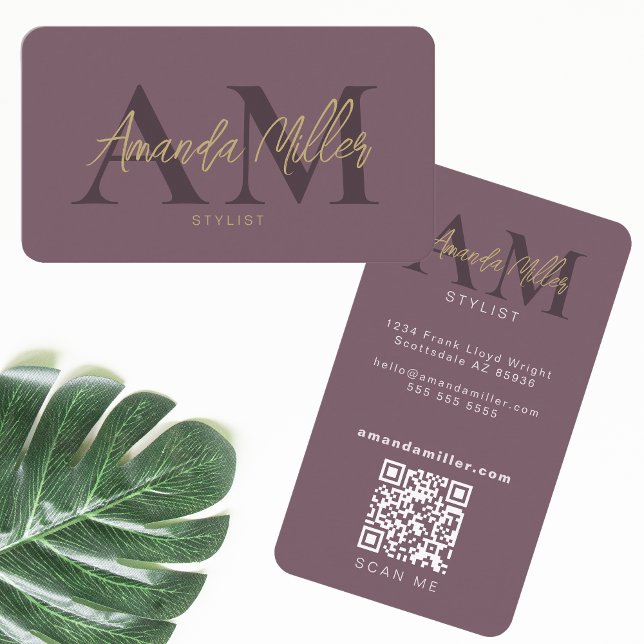 QR Code Modern Minimalist Monogram Vertical Purple Business Card (Creator Uploaded)