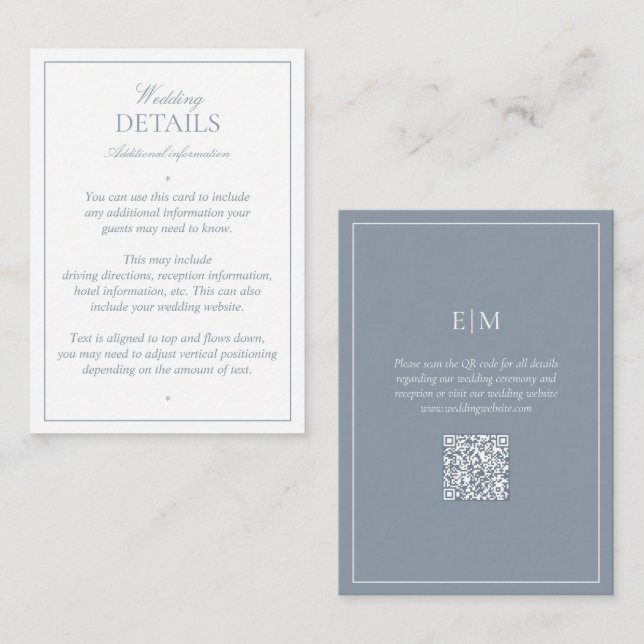 QR Code Modern Monogram Dusty Blue Wedding Details Enclosure Card (Front/Back)