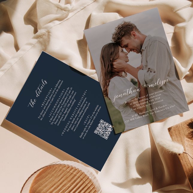 QR Code Modern Navy Blue Overlay Script Wedding Invitation (Creator Uploaded)