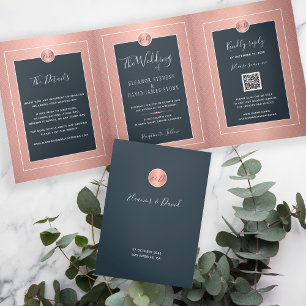 QR CODE modern navy rose gold wedding Tri-Fold Announcement
