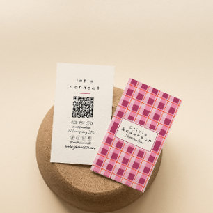 QR Code Modern Pink Checkered Quirky Boho Girly Business Card