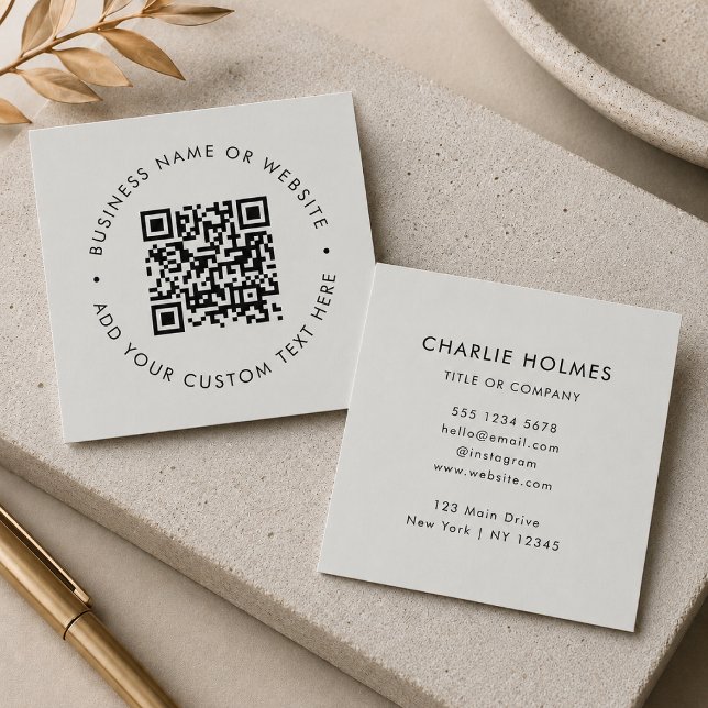 QR Code | Modern Professional Silver Grey Square Business Card (Interactive editable QR code square business cards to promote your business, products or services.)