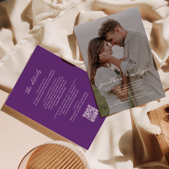 QR Code Modern Purple Overlay Photo Script Wedding Invitation (Creator Uploaded)