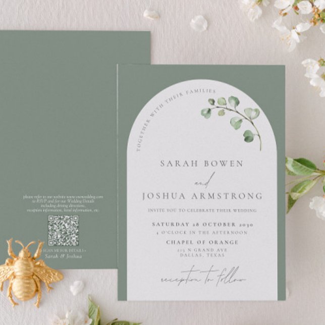 QR Code Modern Sage Green Arch Botanical Wedding Invitation (Creator Uploaded)