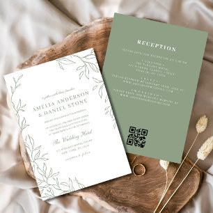 QR Code Modern Sage Green Minimal Leaf Wedding  Invitation