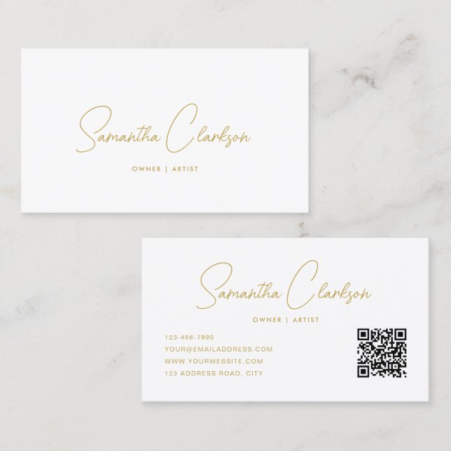 QR Code Modern Stylish Handwritten Gold Cursive Business Card (Front/Back)
