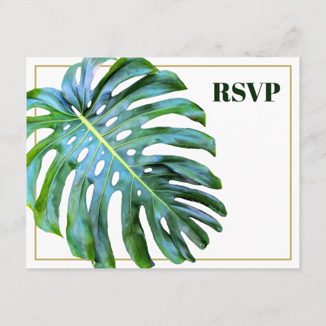 QR Code Modern Tropical Leaf Gold Beach Wedding Enclosure Card (Back)