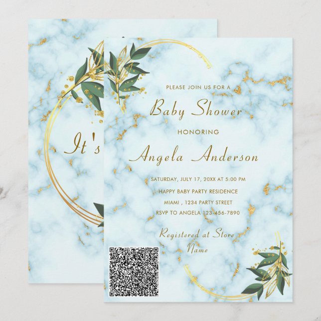 QR Code Moderne Baby shower en marbre Invitation (Devant / Derrière)