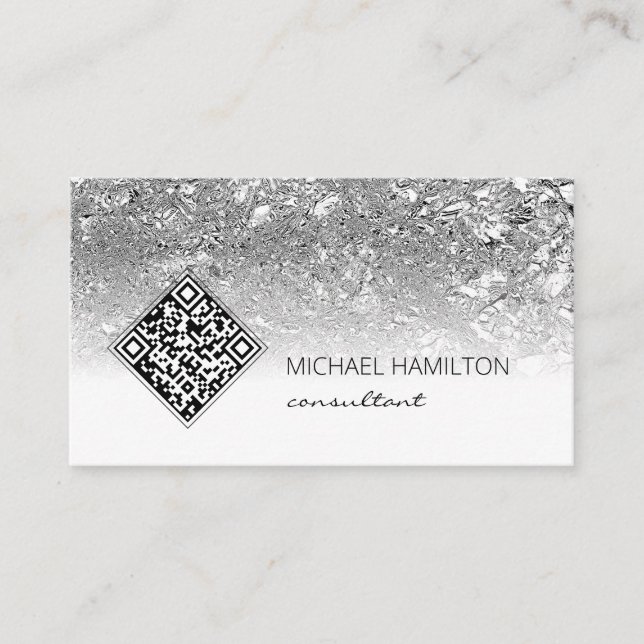 QR Code Moderne Carte de visite Argent (Devant)