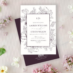 QR Code Monogram Elegant Purple Floral Wedding Invitation