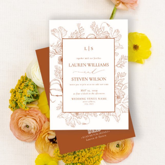 QR Code Monogram Orange Floral Line Art Wedding Invitation (Creator Uploaded)