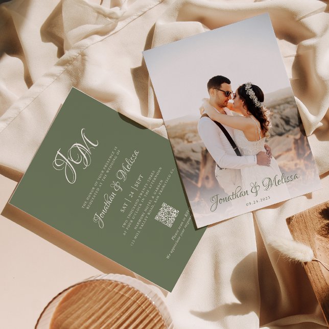 QR Code Monogram Script Sage Green Photo Wedding Invitation (Creator Uploaded)