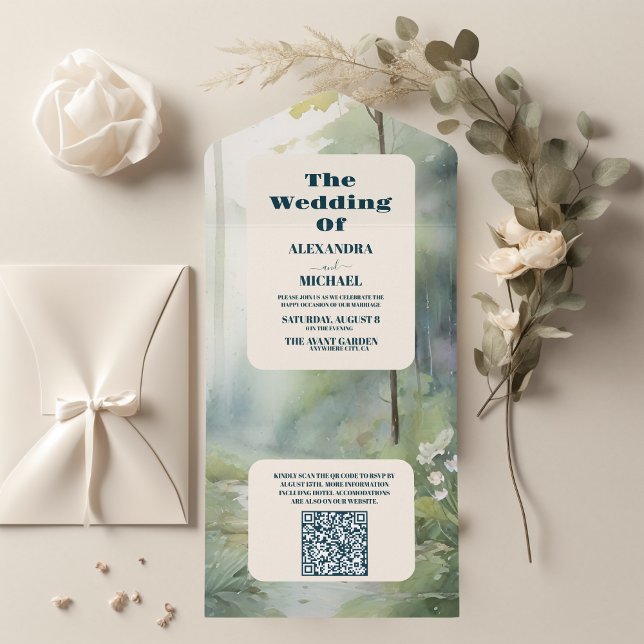 QR Code Mountain Forest Elegant Rustic Wedding All In One Invitation (Creator Uploaded)