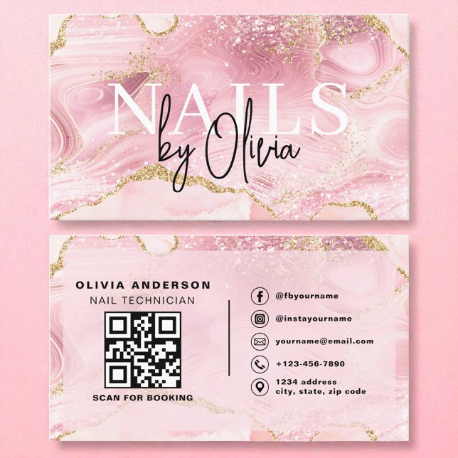 QR Code Nail Specialist Artist Pink Agate Marble Business Card (Creator Uploaded)